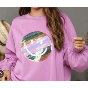 NWT Fantastic Fawn Sequin Smiley Face Oversized Pink Sweater Size Large